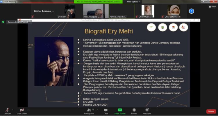 Workshop Koreografi yang diadakan oleh UKS Unand via Zoom Meeting pada Kamis (29/4/2021).