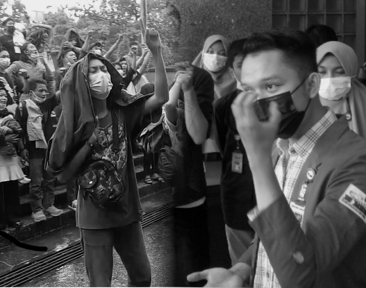 Pelaksanaan Munas BEM SI ke-XIV diwarnai perdebatan panitia-anggota di Auditorium Unand, Selasa (30/3/2021). (Genta Andalas/Geliz Luh Titisari)