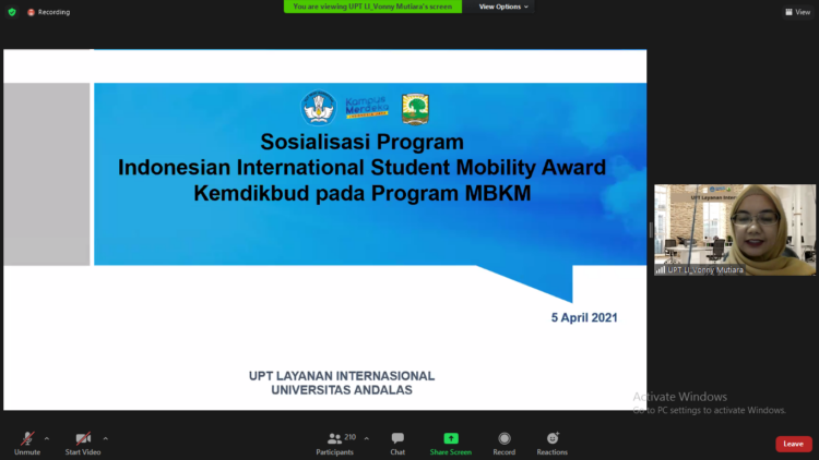 Sosialisasi Program IISMA Award Kemendikbud pada program MBKM, Senin (5/4/2021)