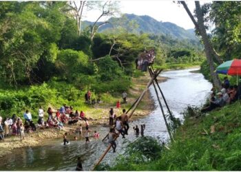Penonton antusias menyaksikan lomba panjat pinang di Jorong Lombah, Nagari Sungai Rimbang, Kecamatan Suliki, Kota Payakumbuh pada Selasa (3/5/2022). (Genta Andalas/Dok.Pribadi)