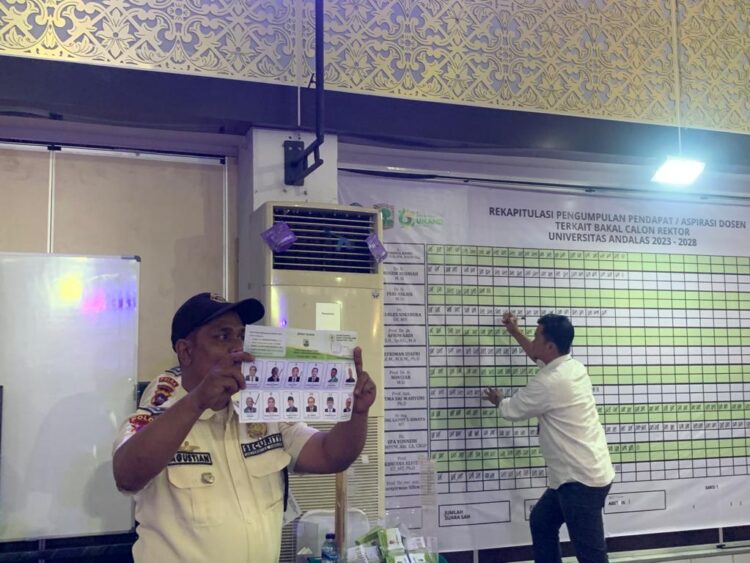 Momen perhitungan suara dari aspirasi dosen untuk pemilihan bakal calon rektor UNAND pada Selasa (3/10/2023) (Genta Andalas/ Zulkifli Ramadhani)