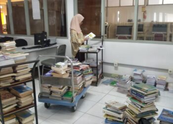 Seorang mahasiswa tengah memililih buku gratis di acara Pekan Library pada Selasa (21/11/2023) (Genta Andalas/ Lara Elisa Putri)
