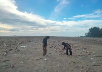 Pengunjung sedang memunguti sampah di Pantai Cinta, Pasir Jambak, Senin (22/1/2024) (Genta Andalas/Zulkifli Ramadhani)