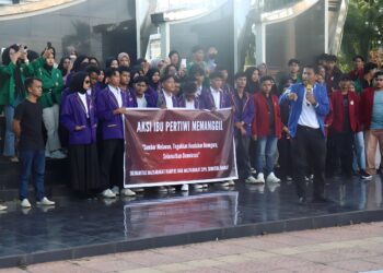 Penyampaian aspirasi oleh koordinator aksi Ibu Pertiwi Memanggil, Hary Efendi yang menjelaskan tujuan aksi sebagai bentuk keprihatinan atas negara Ibu Pertiwi dengan kondisi demokrasinya. (Genta Andalas/ Zulkifli Ramadhani)