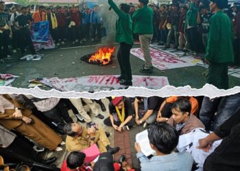 Dua lokasi, dua respons berbeda. Massa aksi mahasiswa di Kantor Gubernur tidak mendapat respons langsung, sementara di DPRD Sumbar tuntutan diterima dan akan dibahas lebih lanjut, pada Senin (4/5/2026) (Oktavia Ramadhani/Genta Andalas & UKM PHP)