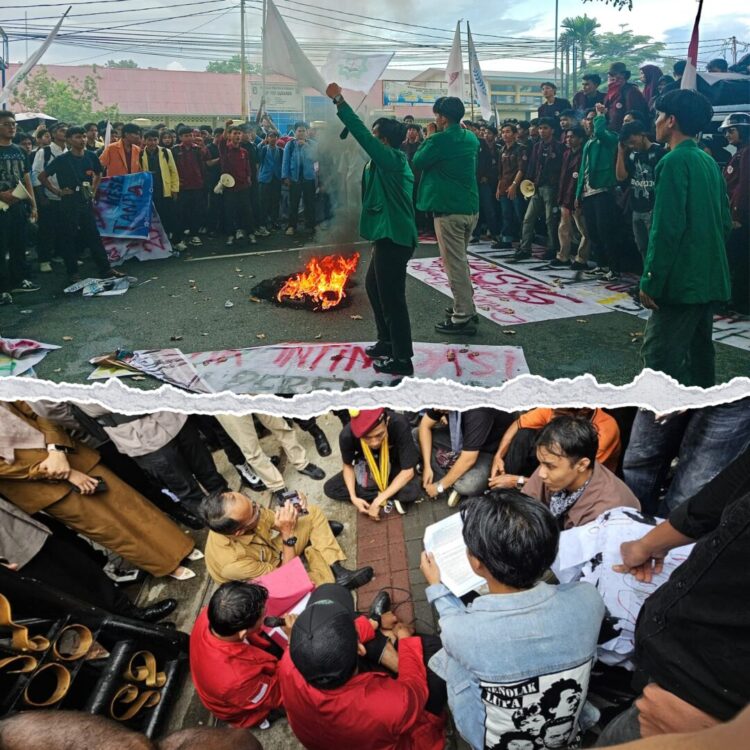 Dua lokasi, dua respons berbeda. Massa aksi mahasiswa di Kantor Gubernur tidak mendapat respons langsung, sementara di DPRD Sumbar tuntutan diterima dan akan dibahas lebih lanjut, pada Senin (4/5/2026) (Oktavia Ramadhani/Genta Andalas & UKM PHP)