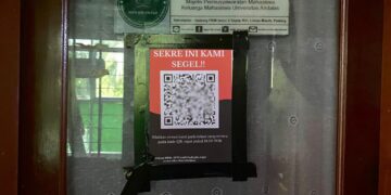 Potret Sekretariat MPM KM UNAND yang disegel oleh sekelompok mahasiswa, pada Sabtu (20 Juni 2026) (Genta Andalas/Zaki Latif Bagia Rahman)